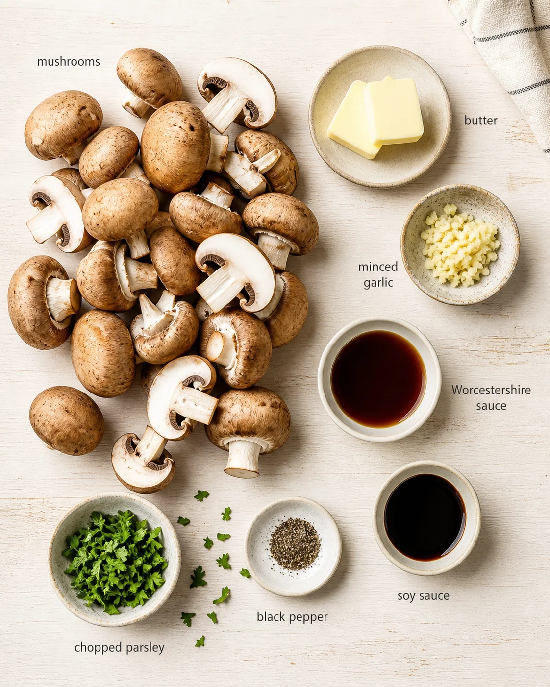 flat lay of brown mushrooms with butter, minced garlic, sauces, parsley on a light wooden background