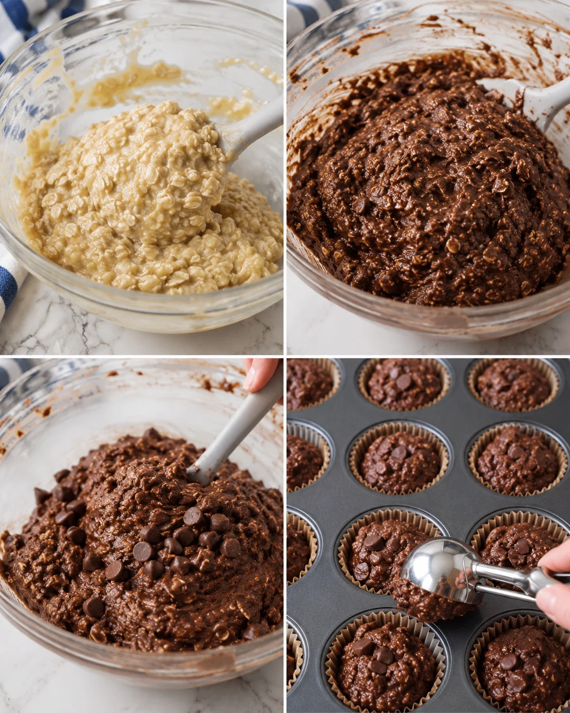Four-panel collage showing oat-based batter, chocolate batter, and chocolate oatmeal muffins in cups.