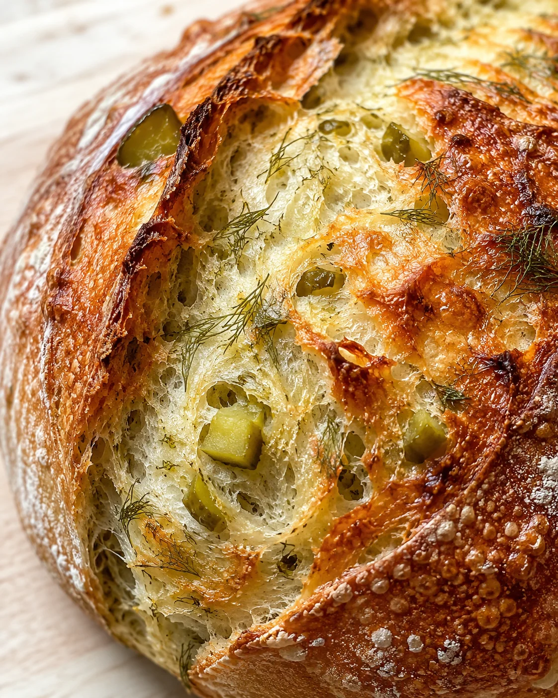 close-up of crusty olive bread with dill on wooden surface