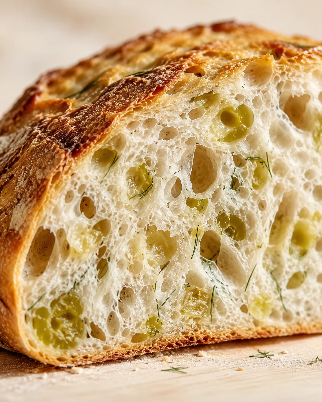 Crusty bread slice with airy crumb, green olives, and dill-like herbs on a wooden surface.