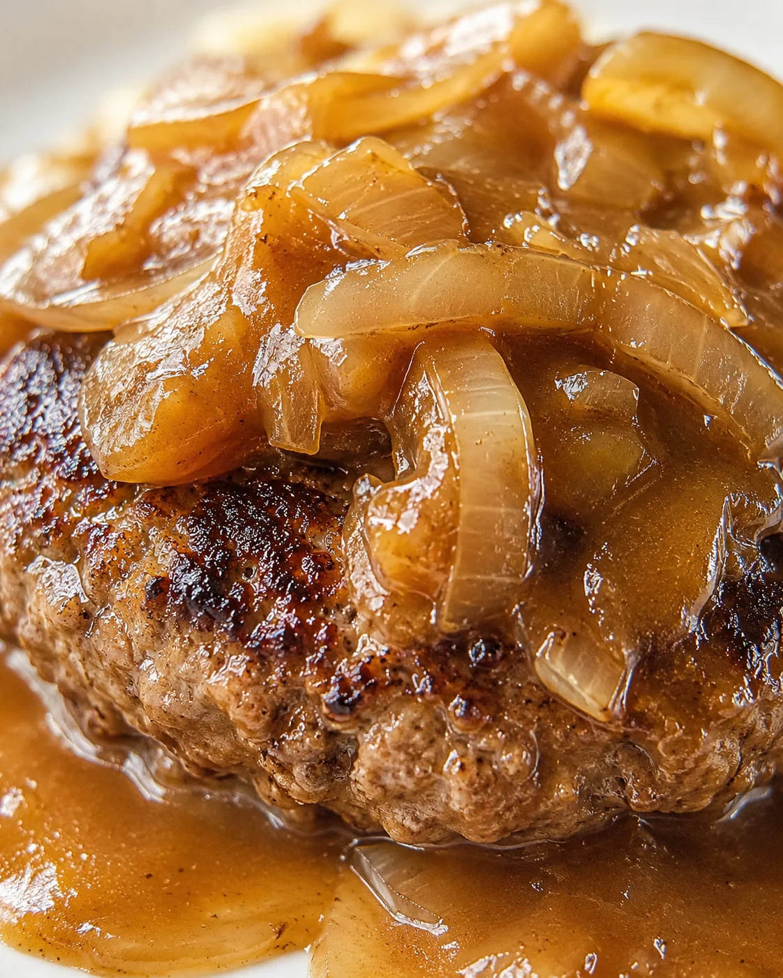 Close-up of a caramelized onion-topped hamburger patty in glossy brown gravy