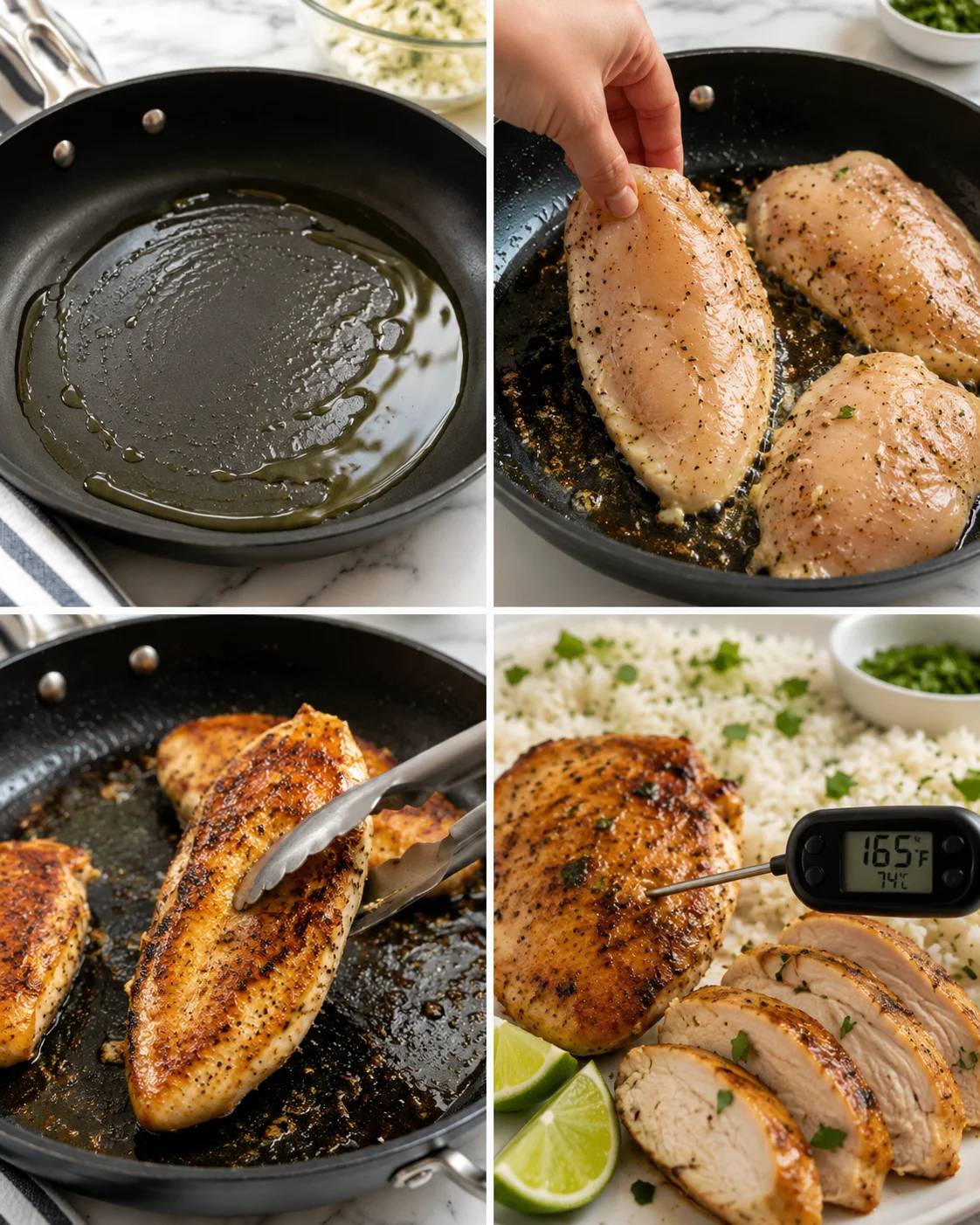 collage of four panels showing pan-seared chicken from oil in pan to sliced finish
