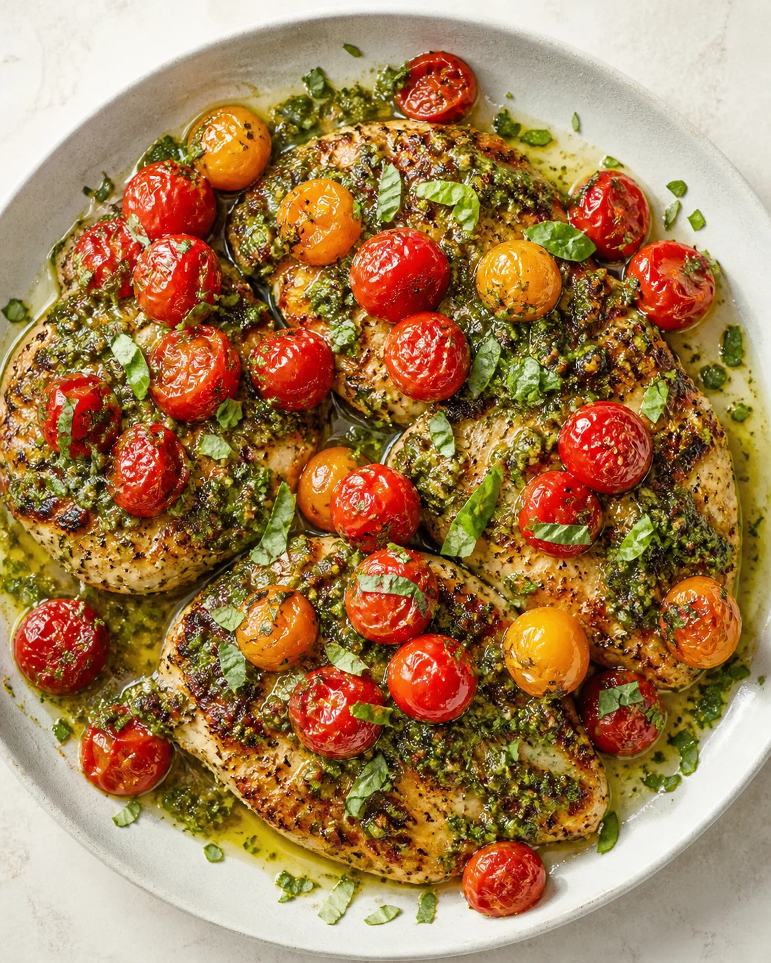 plate of pan-seared chicken with green herb sauce and blistered cherry tomatoes
