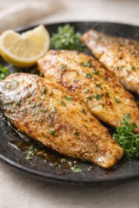 pan-seared herb-crusted fish fillets with lemon wedge on a dark skillet
