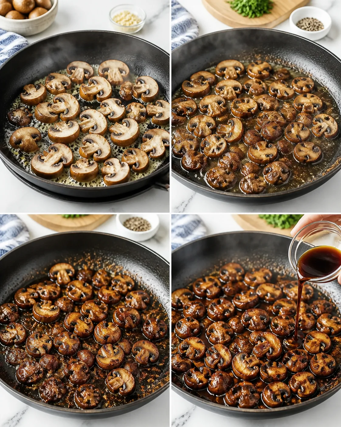 collage showing mushrooms sautéing in a black skillet at varying stages of browning on a marble counter