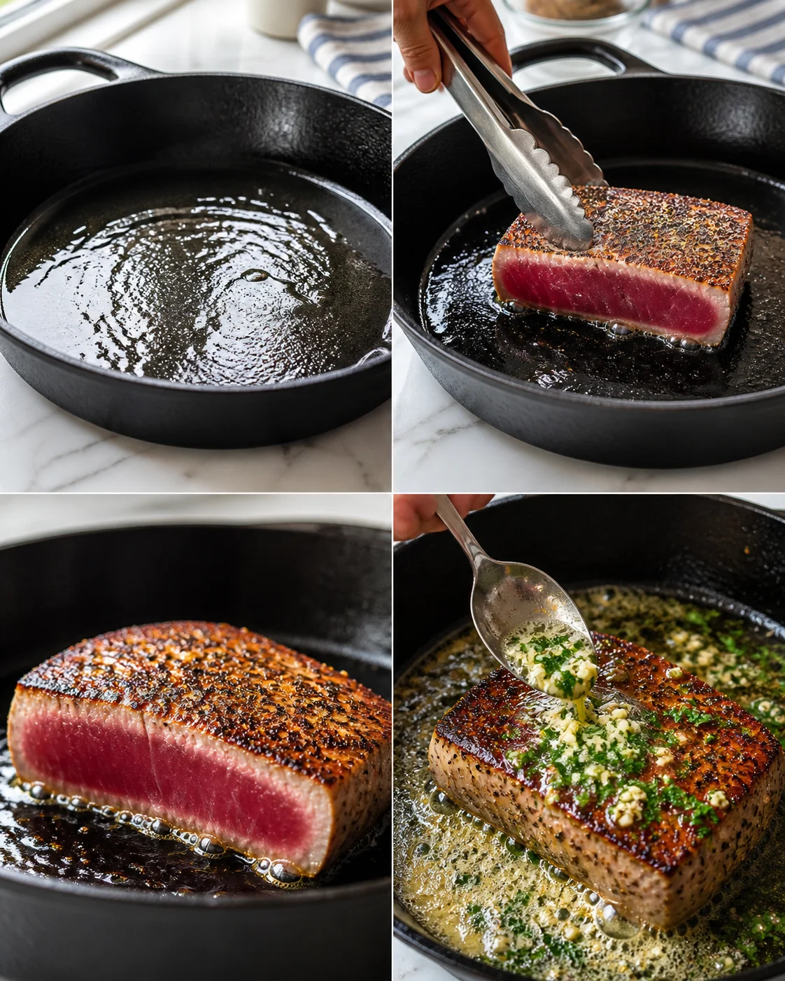 Series of panels showing searing a thick tuna loin in a cast-iron skillet and finishing with herb butter.