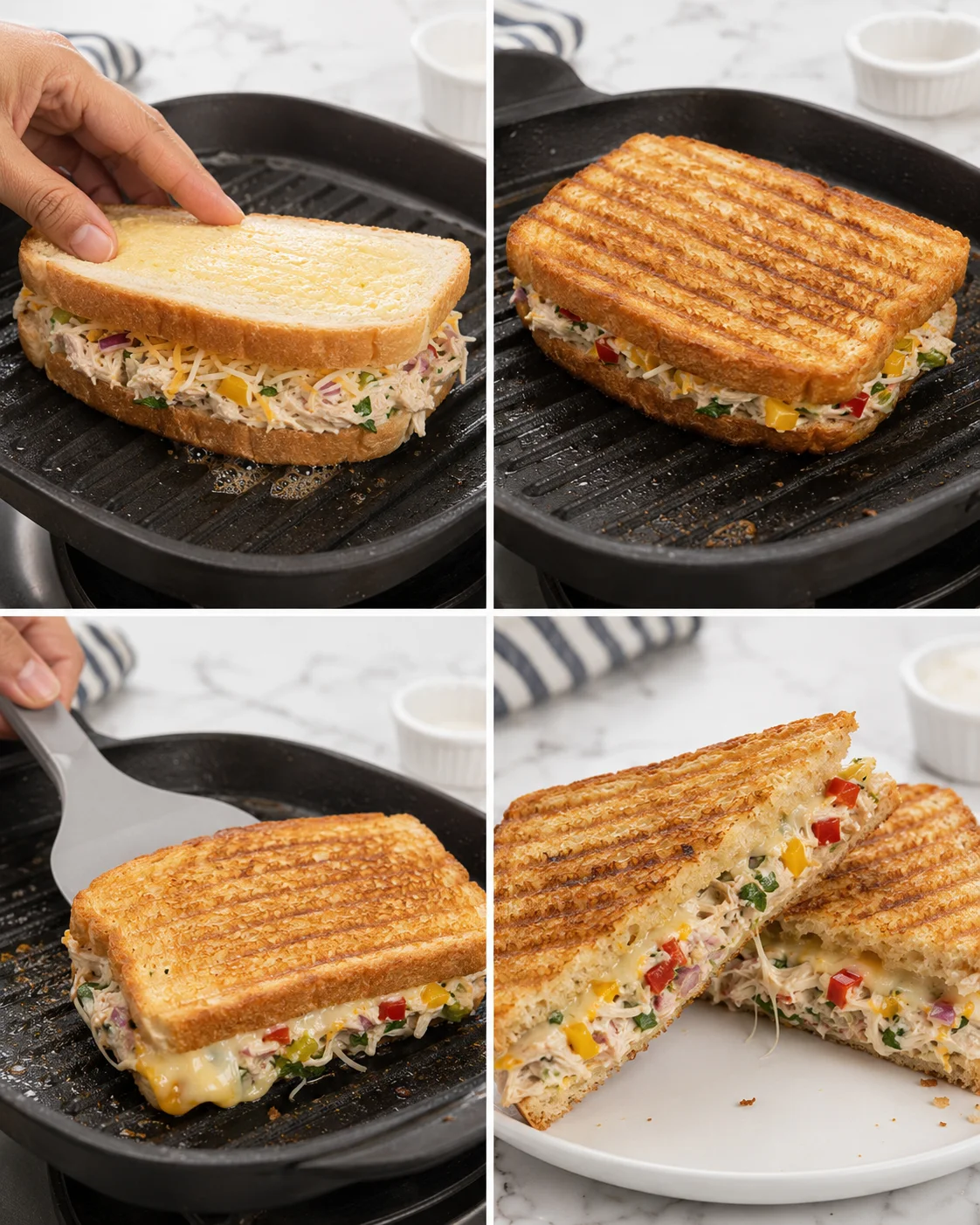 collage showing a chicken-cheese-pepper panini grilled on a cast-iron skillet, with hands pressing, grilling, and serving