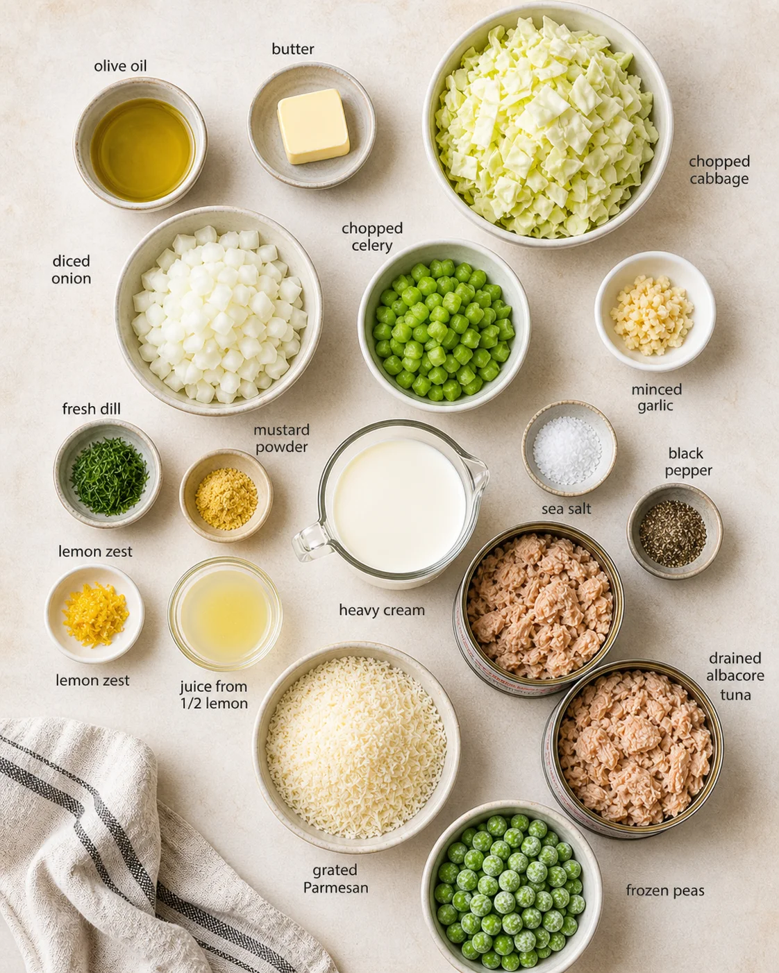 overhead collage of labeled ingredients for a recipe: cabbage, tuna, peas, cream, parmesan, herbs, and spices.