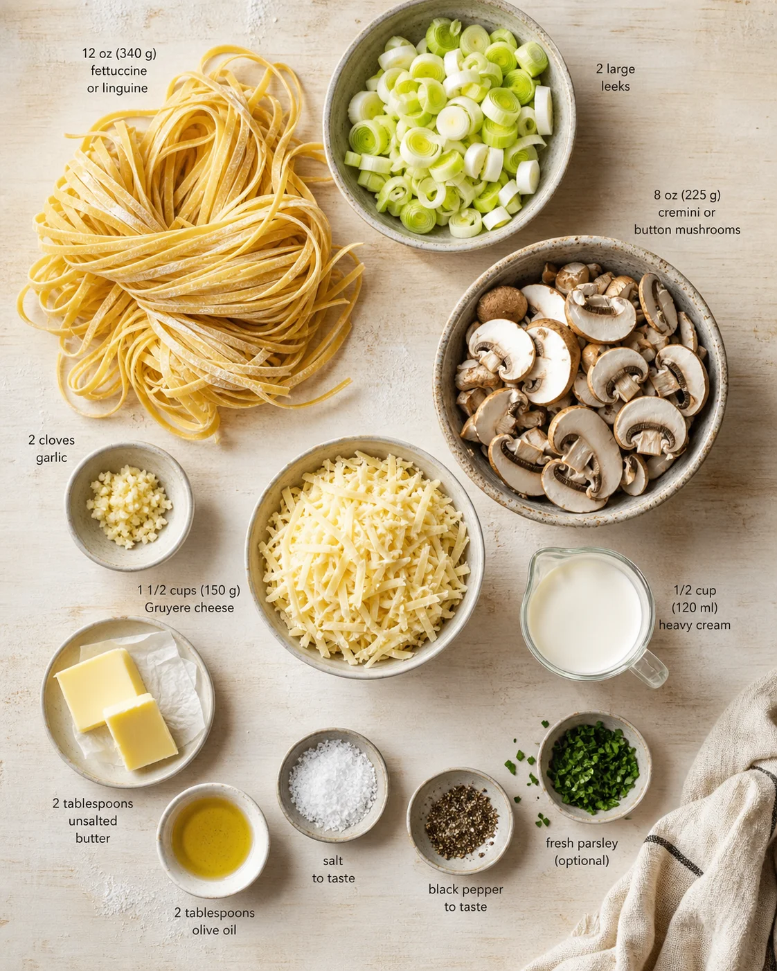Overhead view of arranged pasta ingredients with labels on a wooden surface
