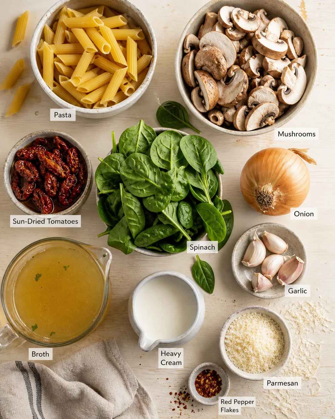 Overhead view of labeled ingredients: pasta, mushrooms, spinach, sun-dried tomatoes, onion, garlic, broth, cream, parmesan.