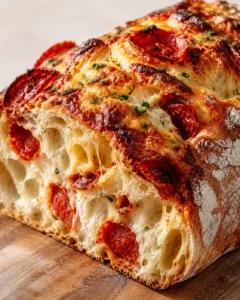 close-up of a pepperoni-studded bread loaf with melted cheese on a wooden board.