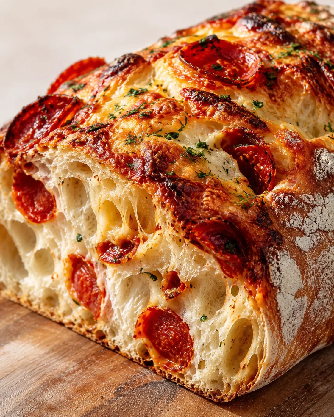 close-up of a pepperoni-studded bread loaf with melted cheese on a wooden board.
