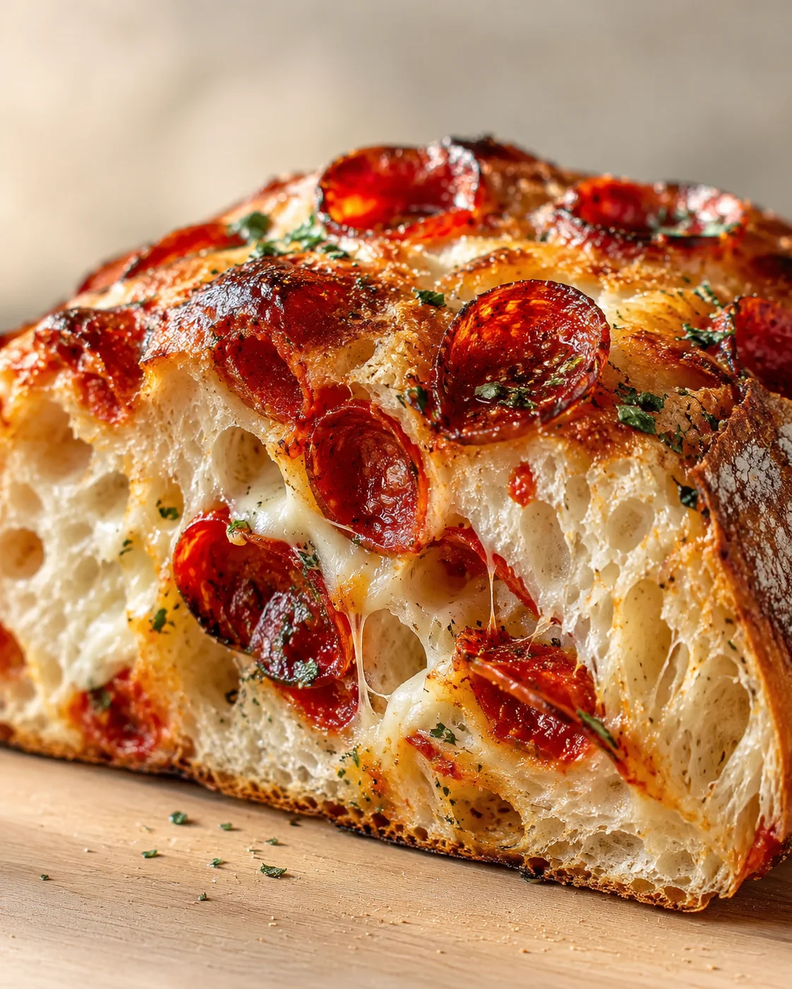close-up of pepperoni-studded cheesy bread with bubbly interior and crispy crust