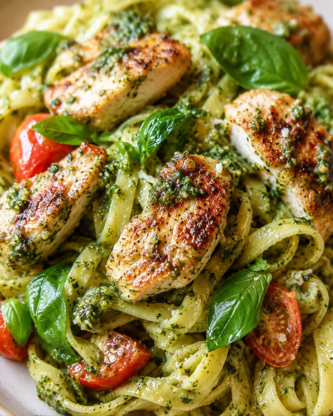 Plated pasta with pesto sauce, sliced chicken, cherry tomatoes, and basil leaves.