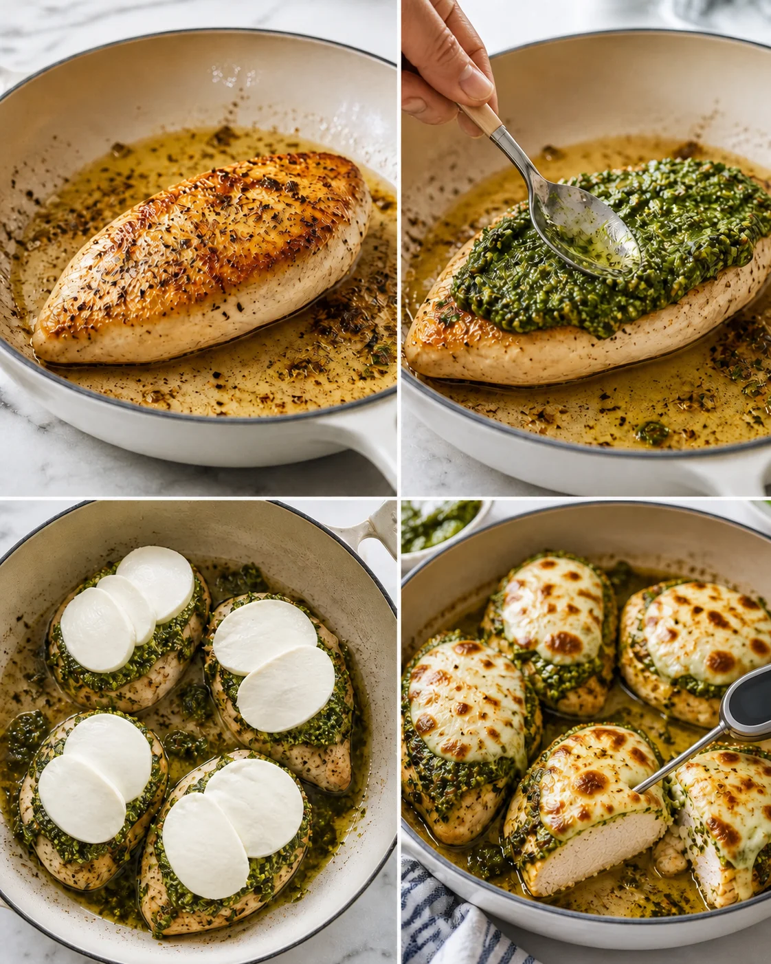 Collage of pesto chicken in skillet showing searing, pesto topping, mozzarella layers, and baked finish.