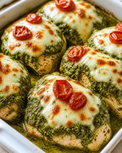 Close-up of pesto crusted chicken breasts topped with melted cheese and cherry tomatoes in a baking dish.