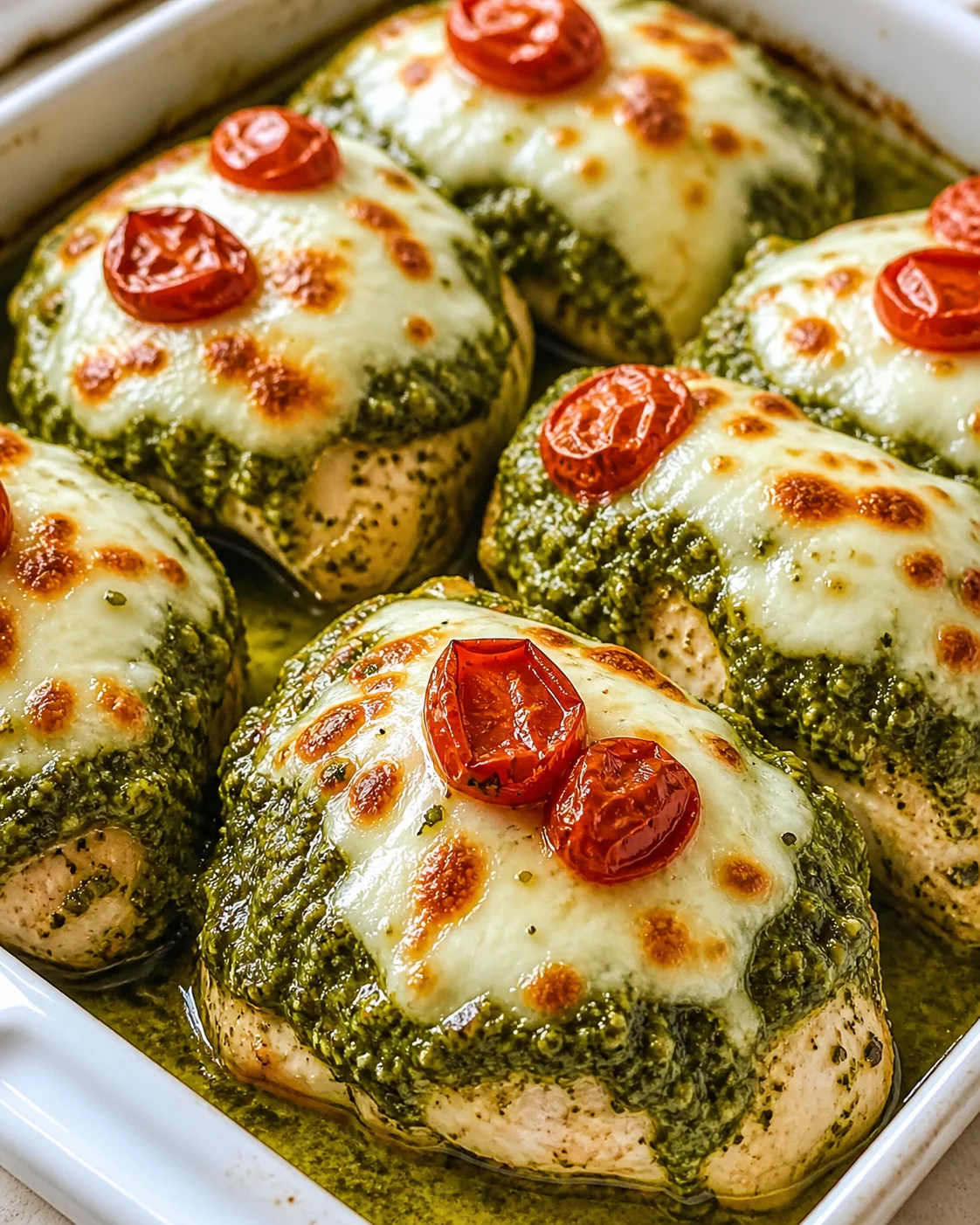 Close-up of pesto crusted chicken breasts topped with melted cheese and cherry tomatoes in a baking dish.