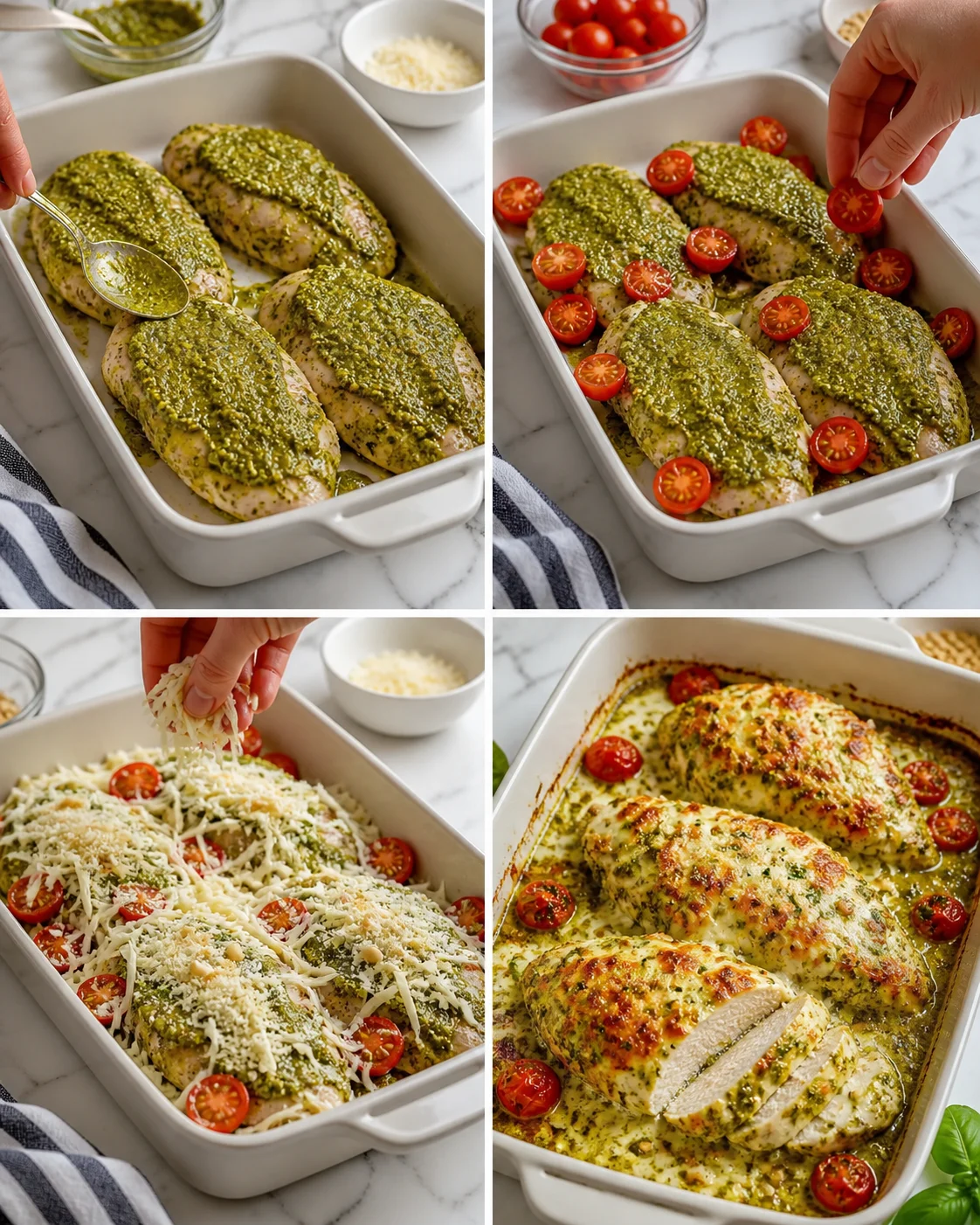 pesto-coated chicken breasts in a white baking dish with cherry tomatoes