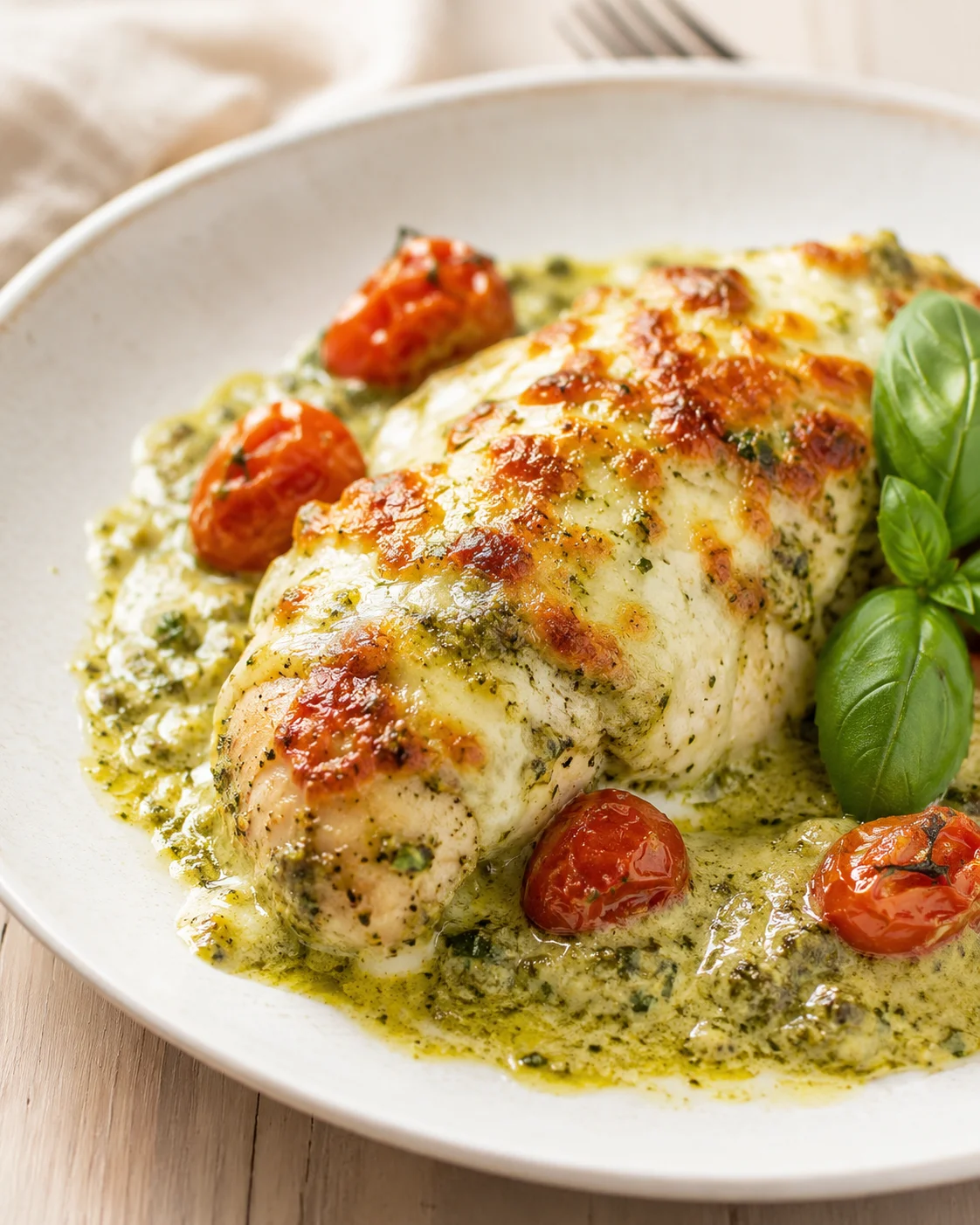 Creamy pesto chicken with roasted cherry tomatoes on a light ceramic plate.