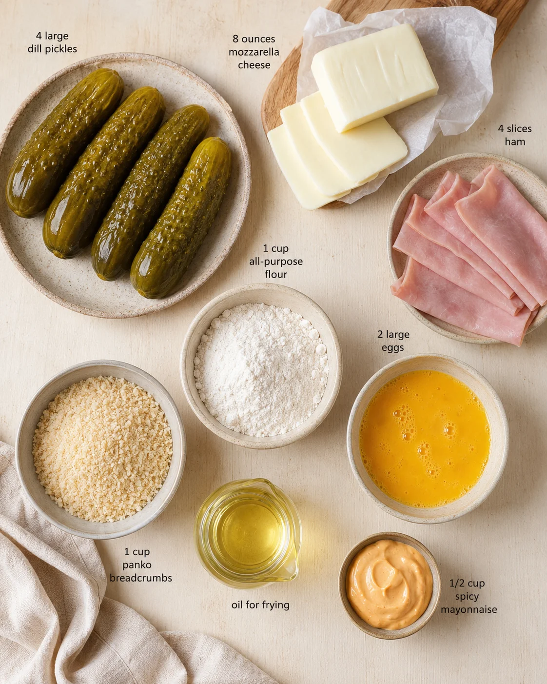 Overhead view of pickles, ham, mozzarella, and prep ingredients arranged on a light wooden surface