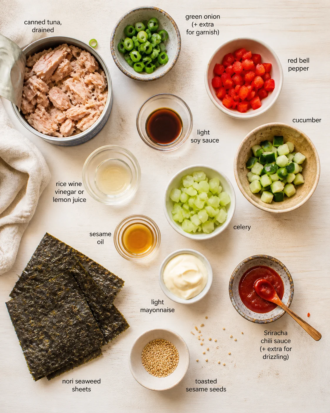 Overhead shot of organized poke-bowl ingredients on a light wooden surface