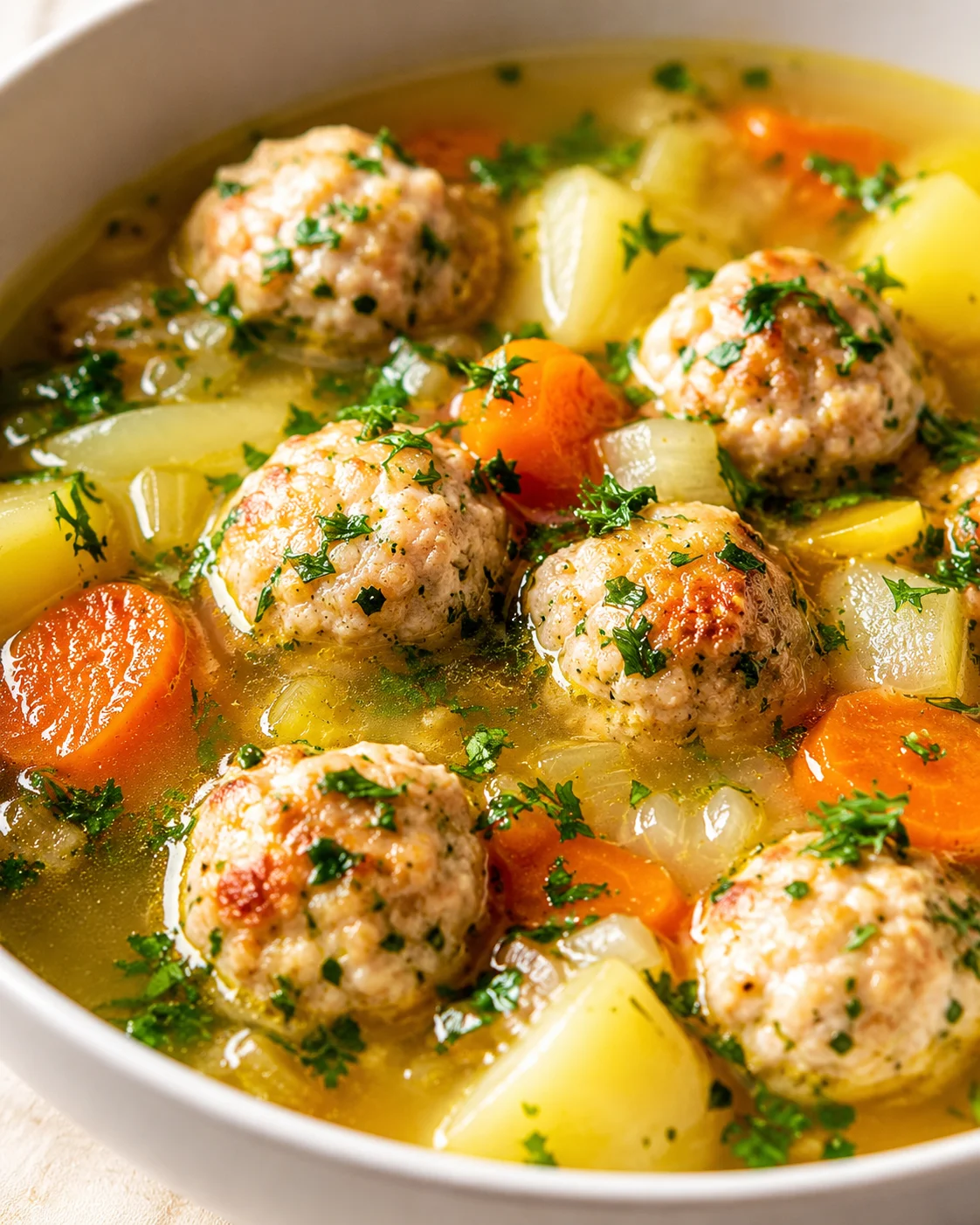 meatballs simmering with potatoes, carrots, and onions in a golden herb broth, garnished with parsley