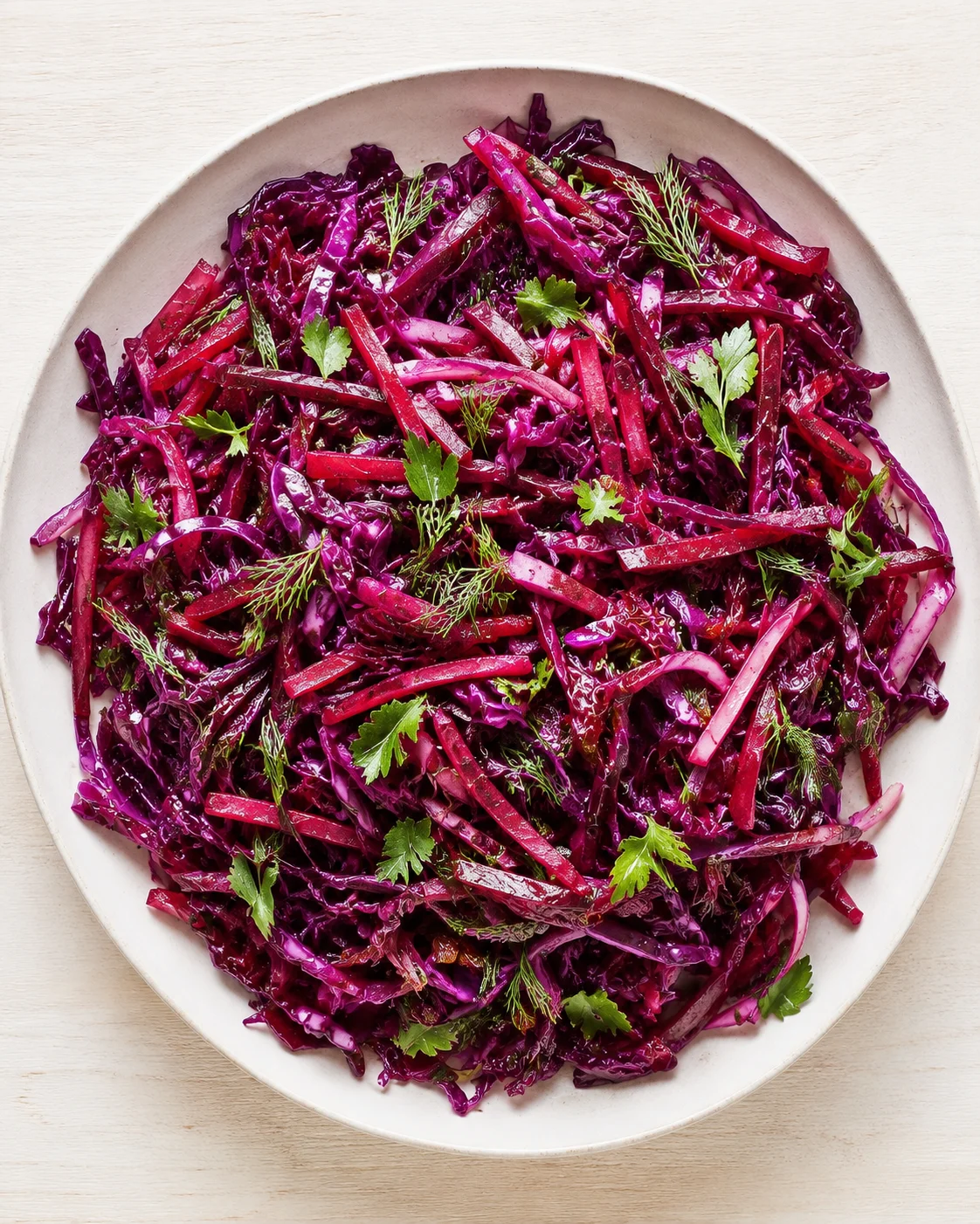 top-down view of shredded red cabbage slaw garnished with parsley and dill on a light plate