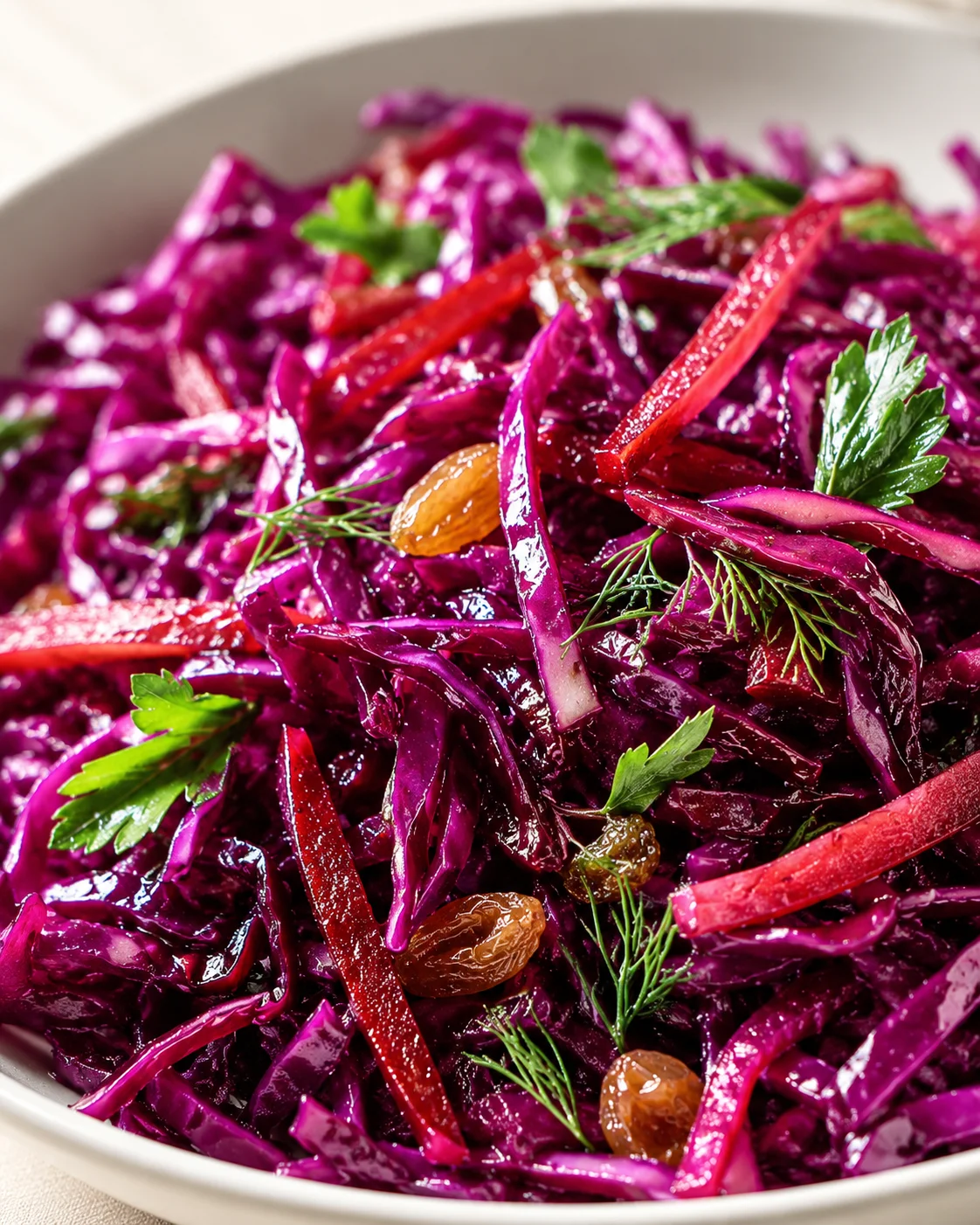 A bowl of purple cabbage slaw with red strips, raisins, parsley, and dill.