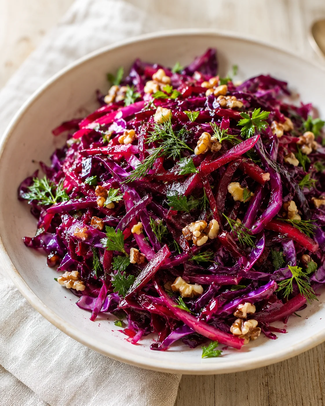 Bowl of shredded purple cabbage slaw topped with walnuts and fresh herbs