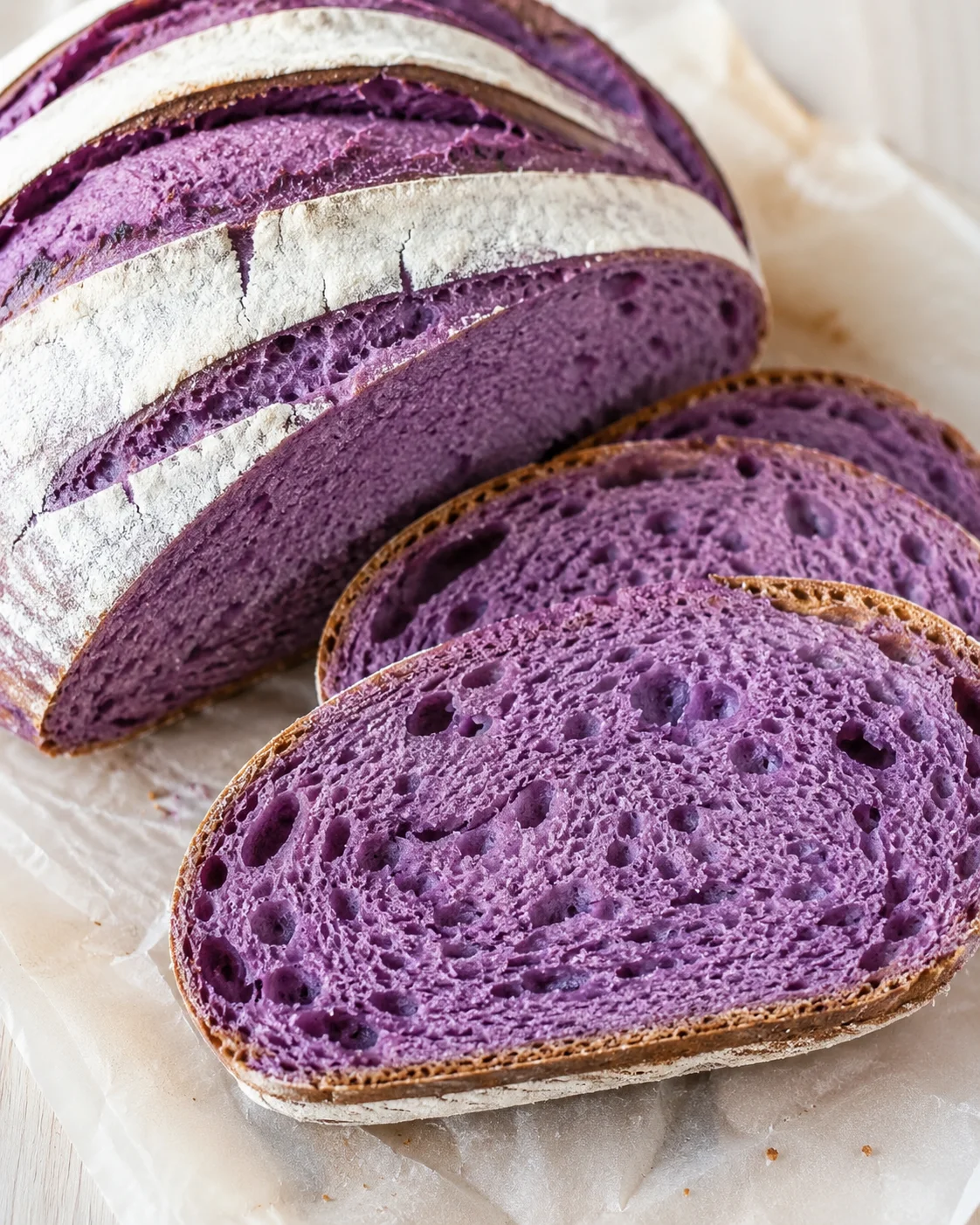 Sliced purple bread loaf with crusty exterior on parchment paper.
