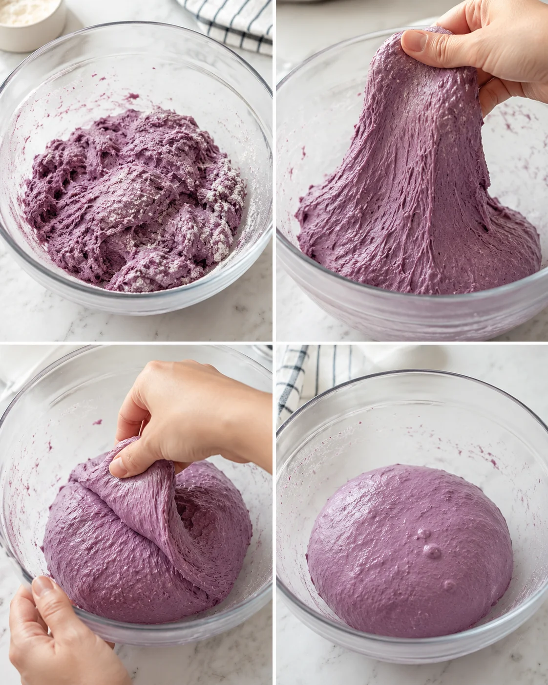 Hands kneading purple dough in a clear glass bowl on marble countertop, with natural light