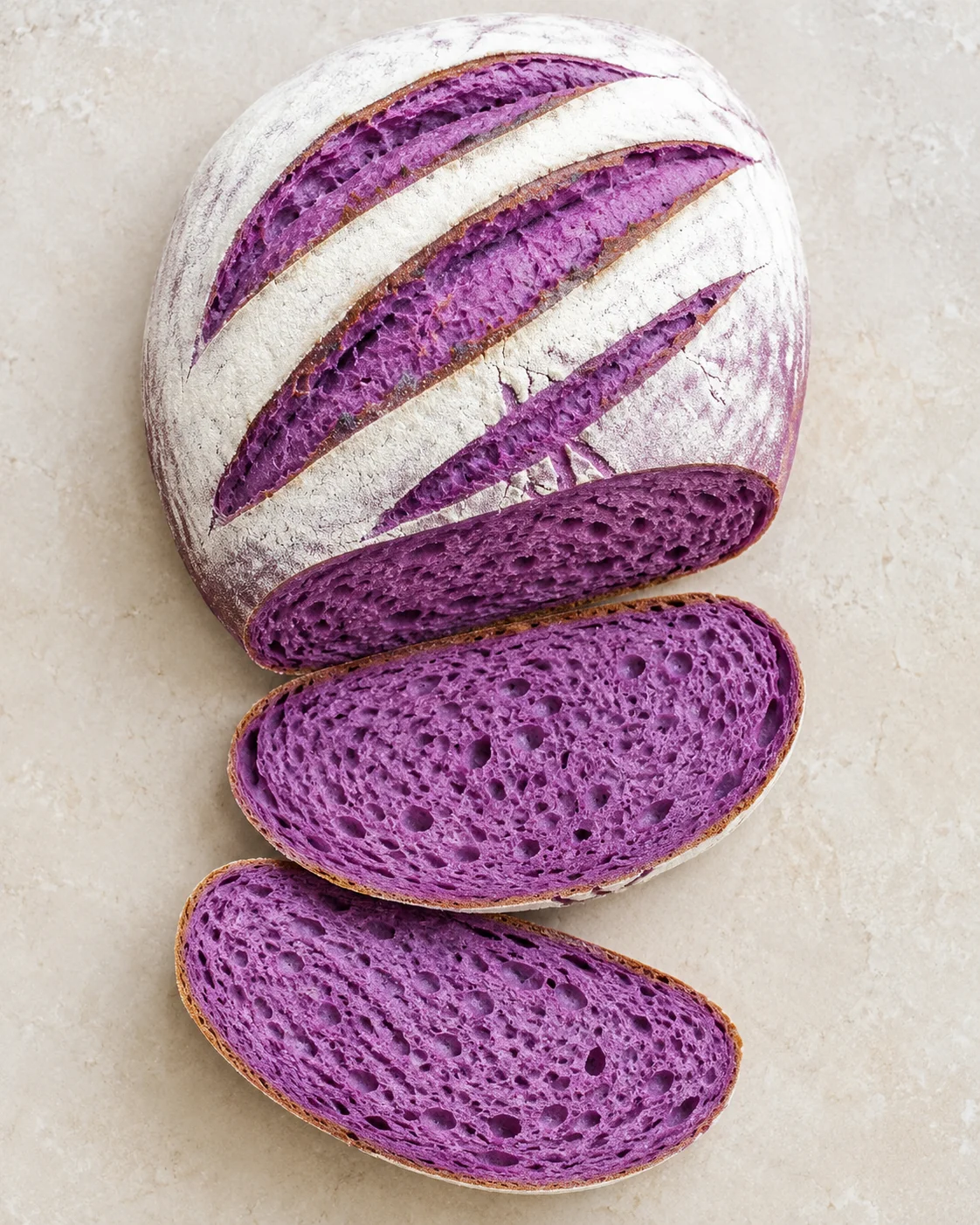 purple-crumb bread loaf with flour-dusted crust, diagonal scoring and sliced to show vibrant purple interior.