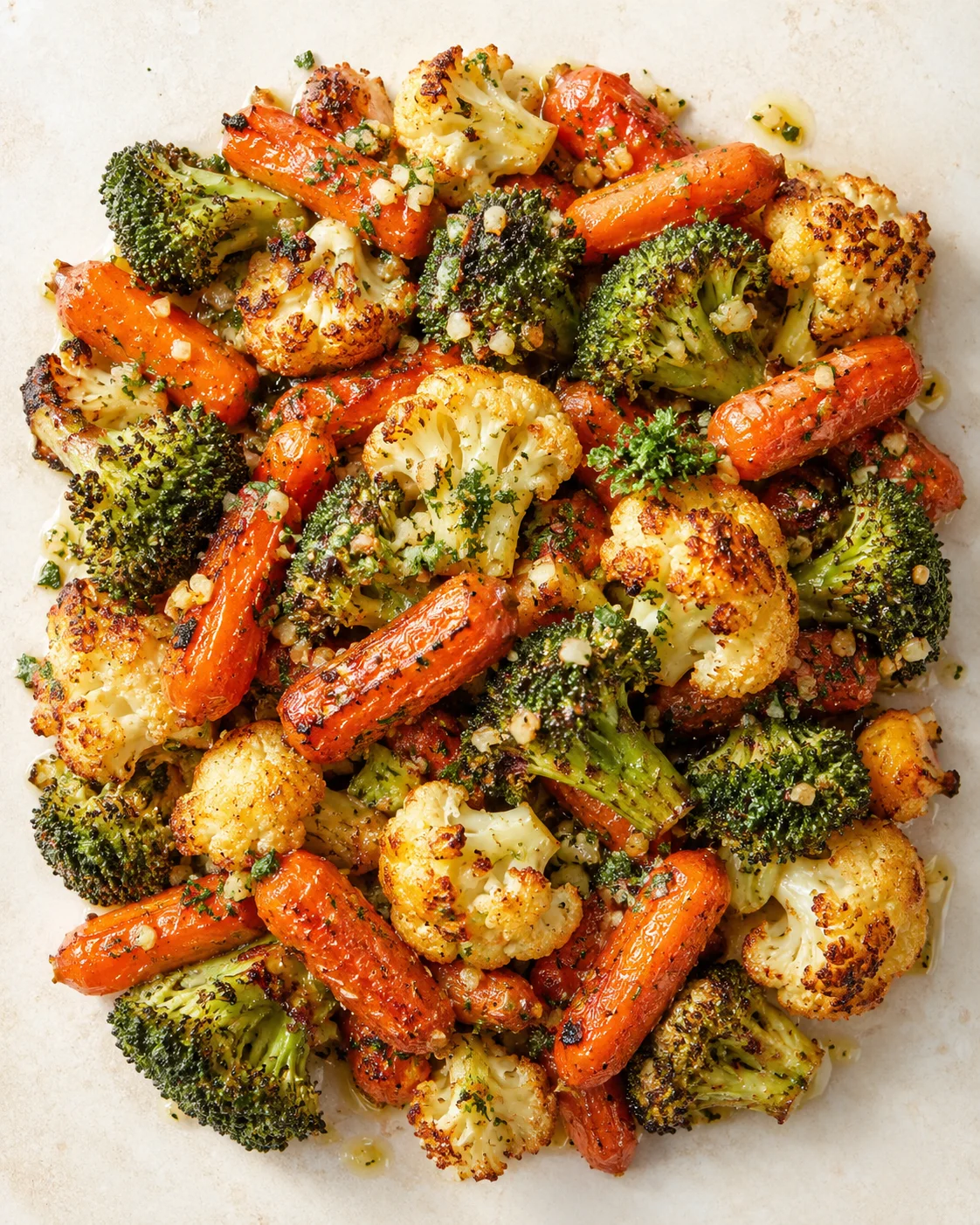 sheet-pan roasted carrots, broccoli, and cauliflower with garlic and herbs
