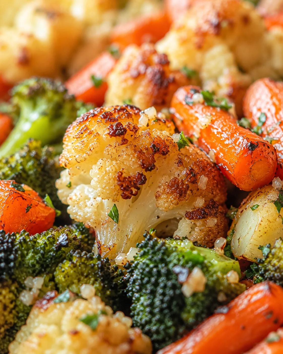 close-up of caramelized cauliflower florets with roasted carrots and broccoli