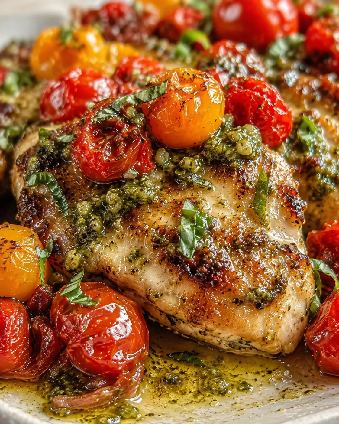 close-up of roasted chicken with blistered tomatoes and green herb sauce