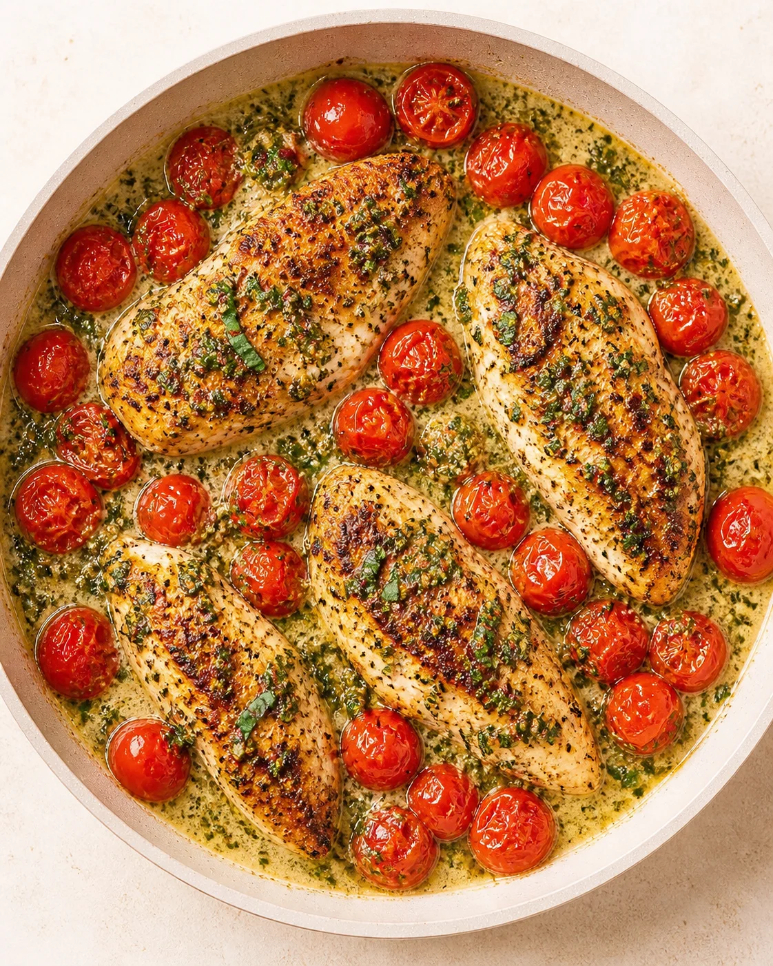 pan of herb-crusted chicken breasts with blistered cherry tomatoes in a green herb sauce
