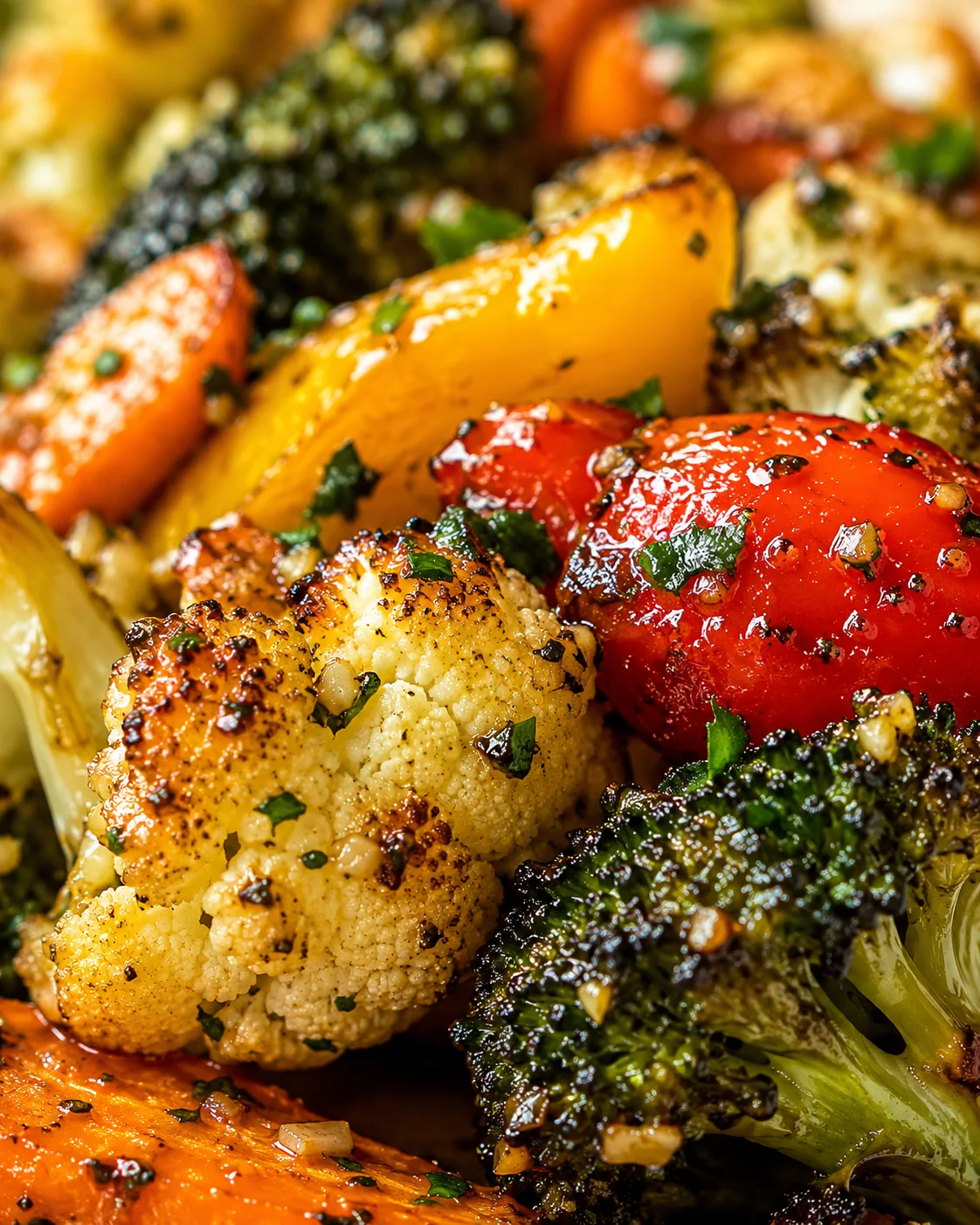 Colorful roasted cauliflower, broccoli, peppers, and carrots with herbs and olive oil.
