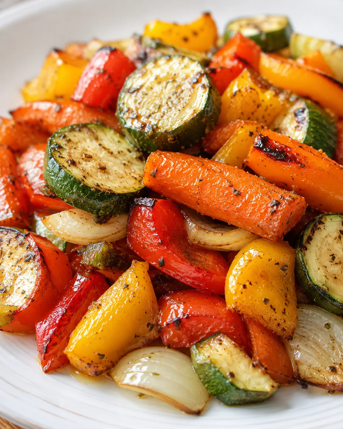 colorful roasted zucchini, peppers, and onions on a white plate
