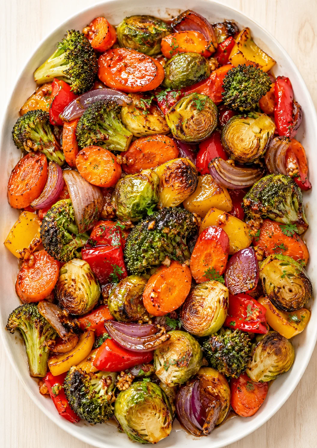 roasted vegetables including broccoli, Brussels sprouts, carrots, peppers, and onions in a white oval dish