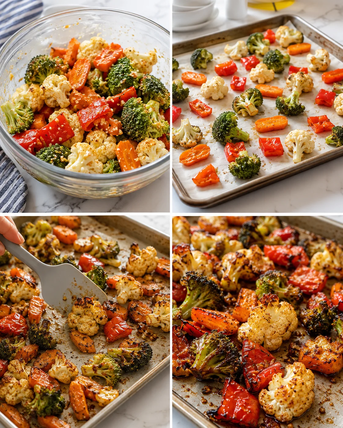 four-panel collage of colorful broccoli, cauliflower, carrots, and red peppers before and after roasting