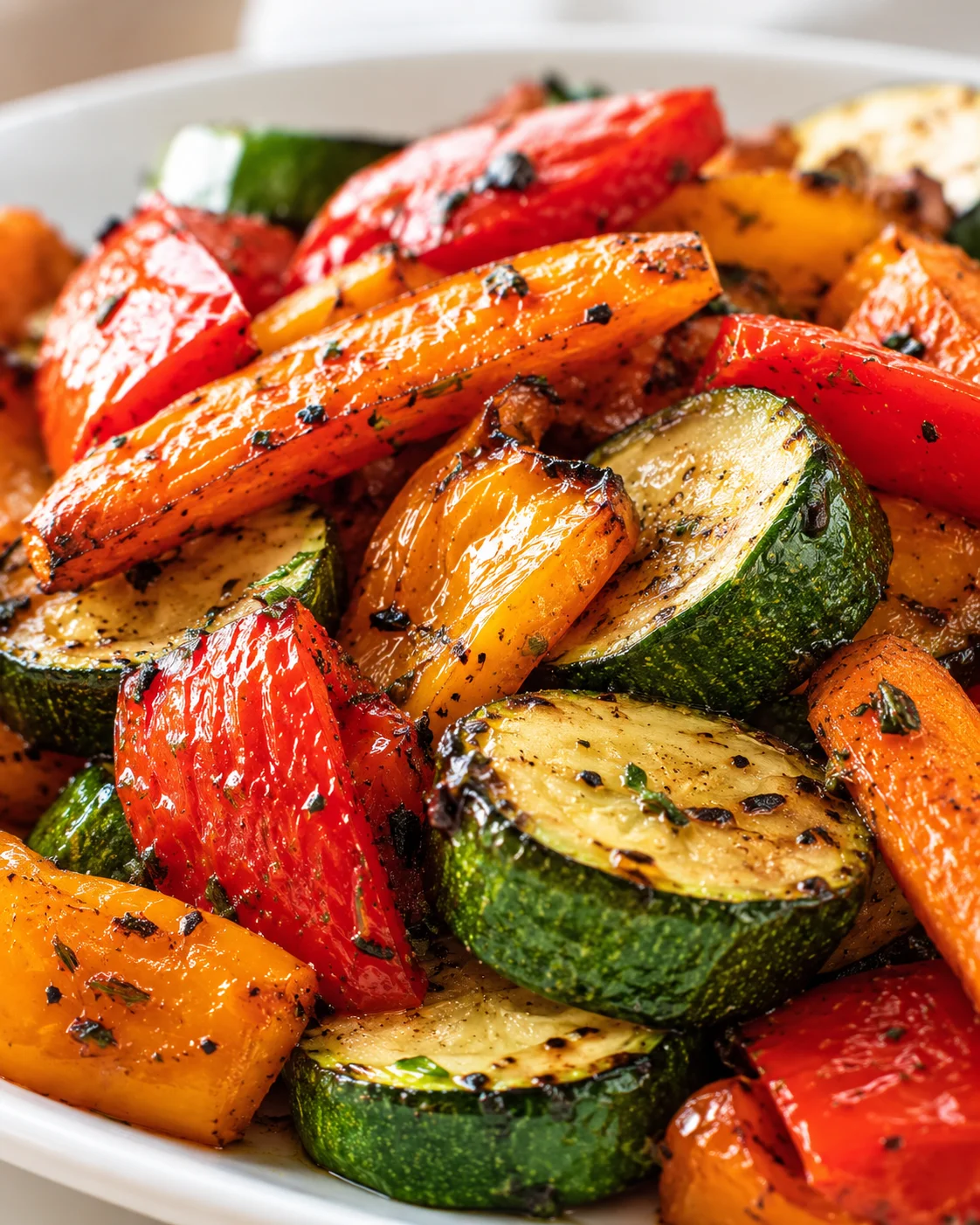 Close-up of glossy roasted zucchini slices, red peppers, and carrots seasoned with herbs.