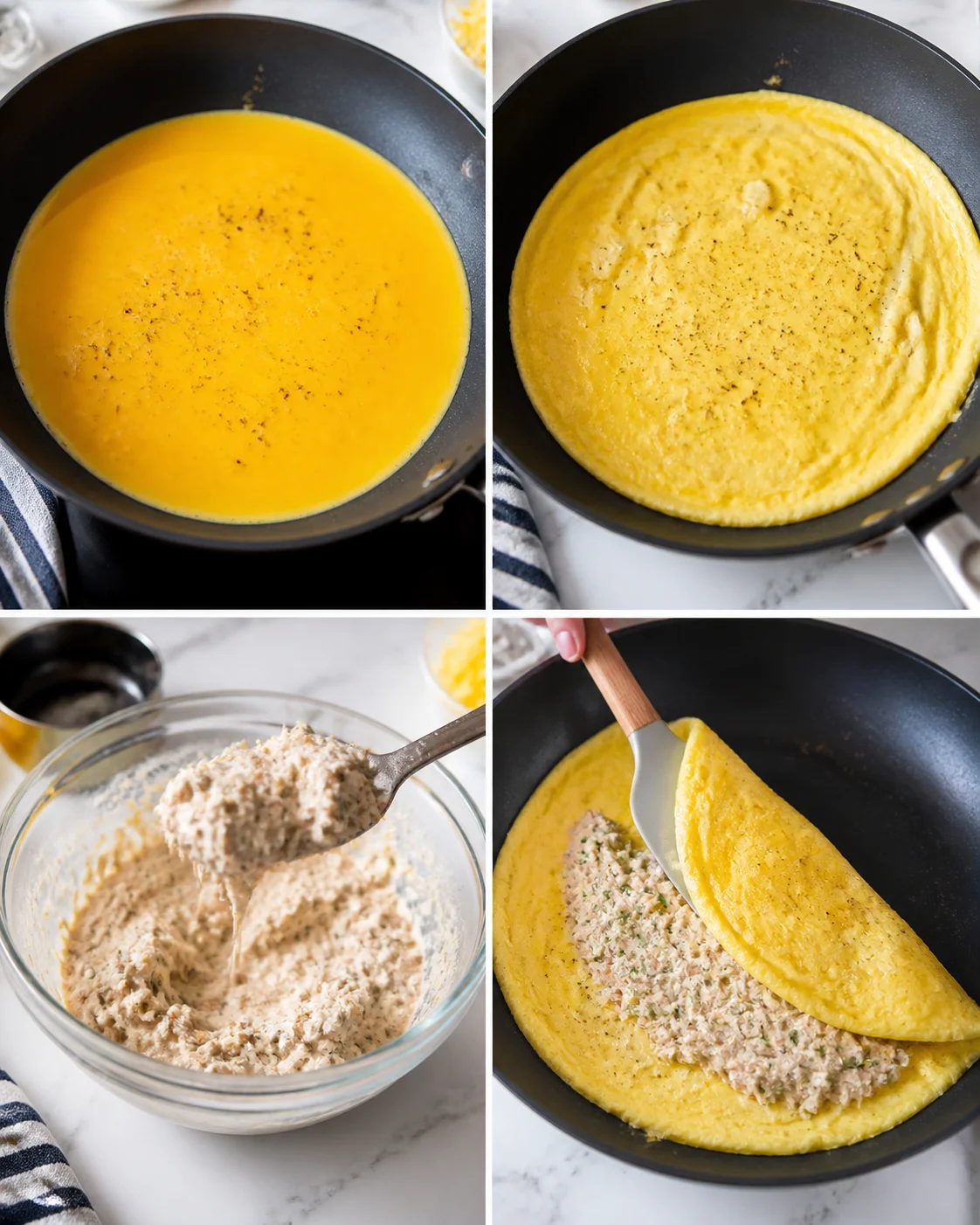 collage showing four steps to make a yellow omelette with tuna filling in a nonstick skillet