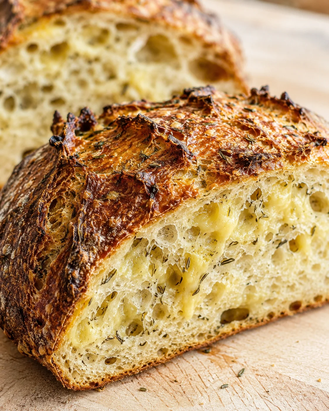 Close-up of crusty herb bread with melted cheese inside on a wooden board