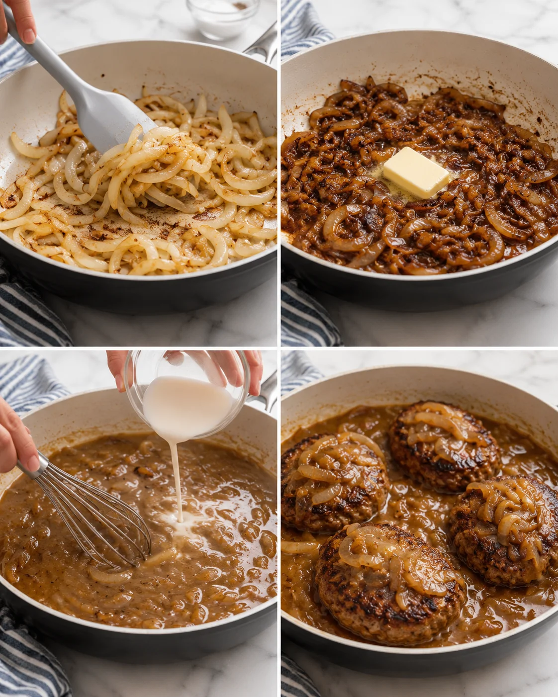 four-panel collage of onions sautéing, dark onion gravy, pouring cream, and salisbury steak patties simmering in gravy.