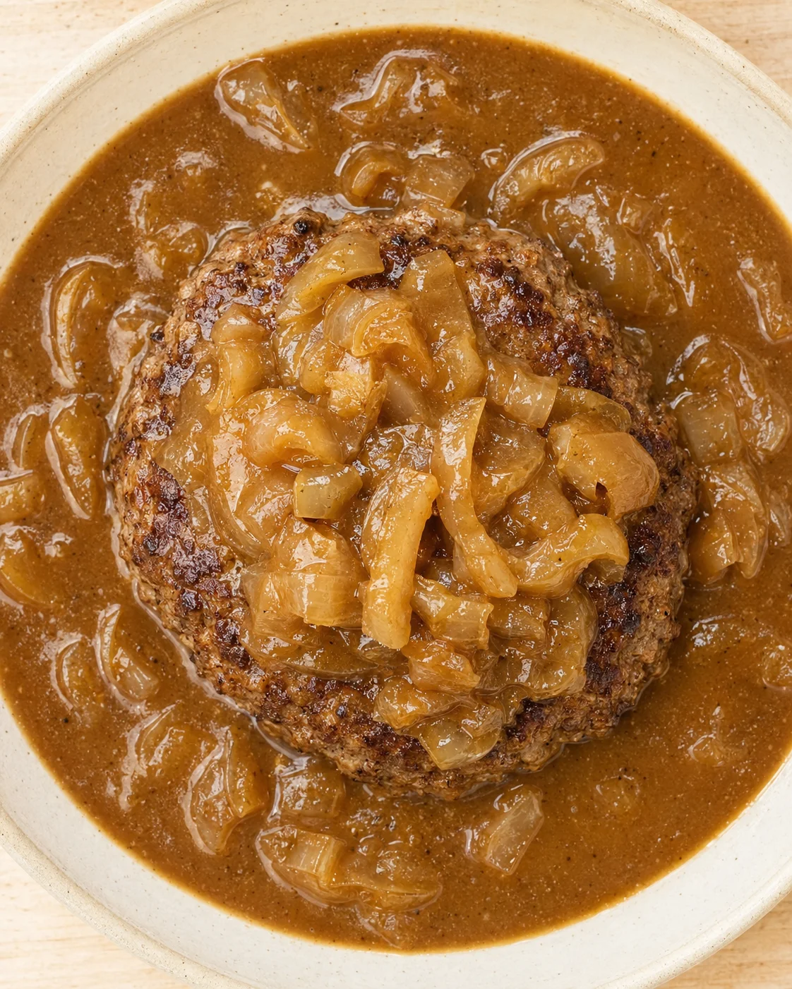 Salisbury steak topped with caramelized onions in brown gravy in a beige bowl.