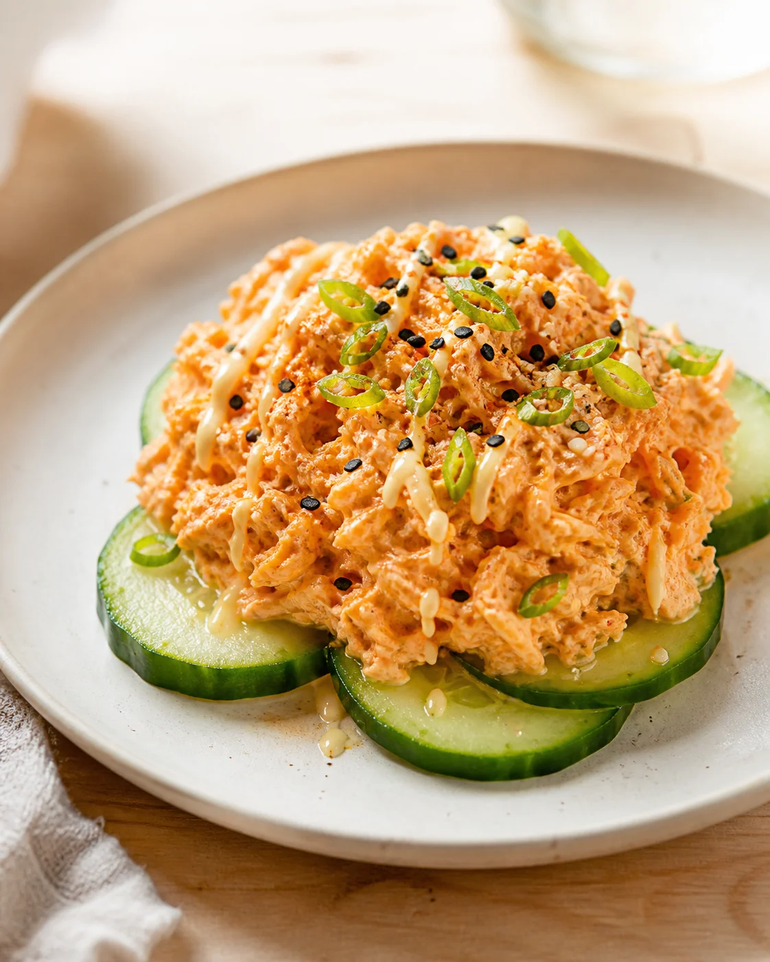 Creamy orange salmon mayo salad on cucumber rounds, topped with green onions and black sesame seeds.