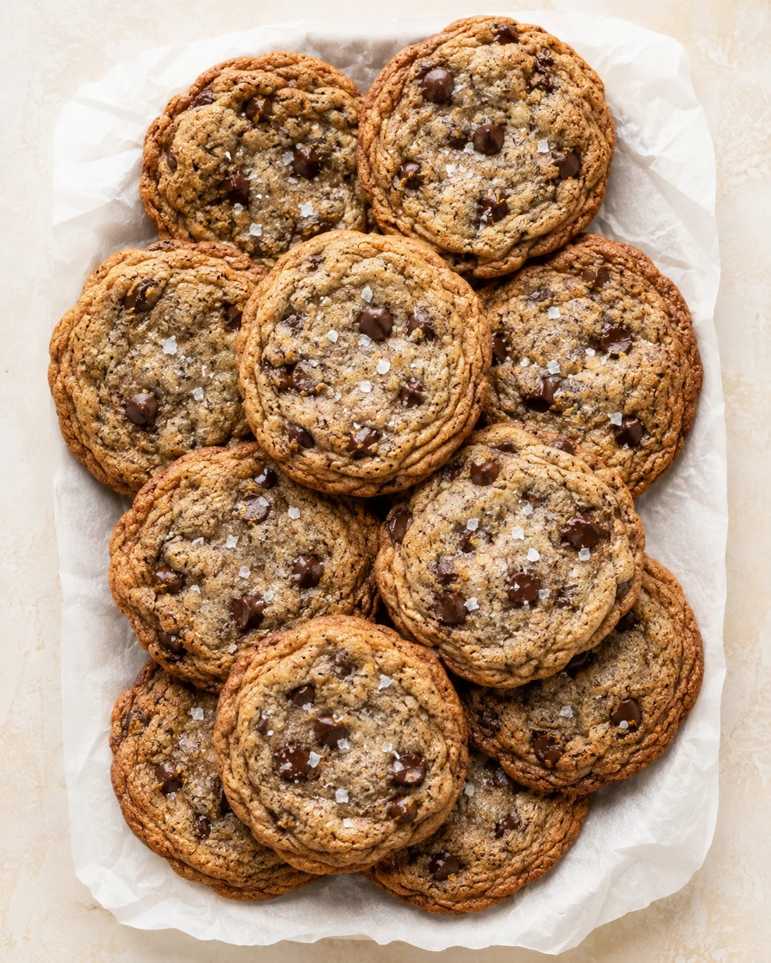 top-down view of a tray of salted chocolate chip cookies on parchment