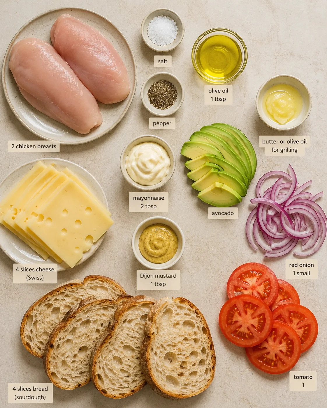 Overhead view of arranged sandwich ingredients with labeled bowls: chicken, avocado, cheese, bread, tomato, onion, mayo, mustard, oil.