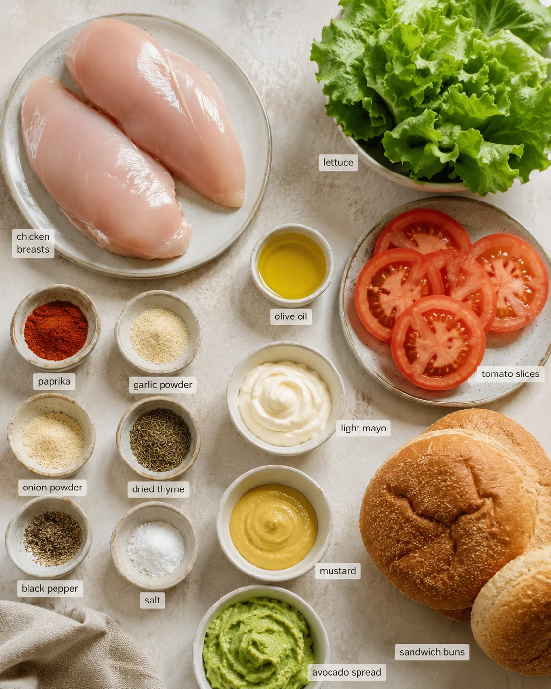 Overhead view of chicken breasts, lettuce, tomato slices, buns, and labeled spice bowls arranged on a light counter.