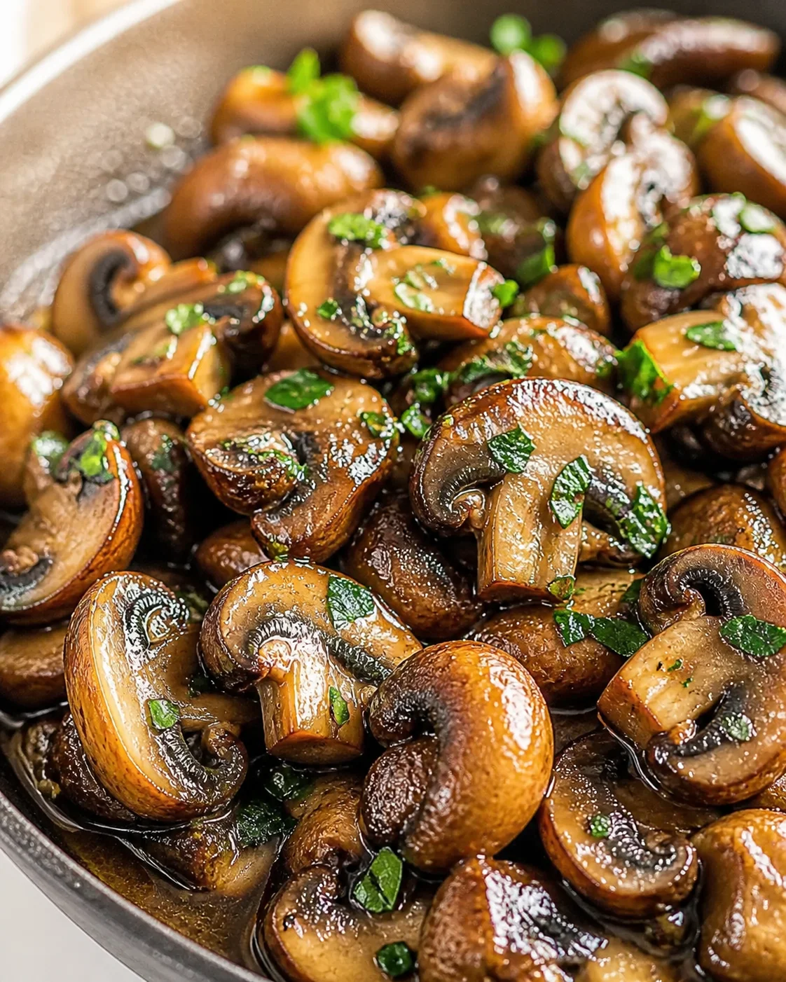 Close-up of glossy, brown sautéed mushrooms in a skillet with chopped parsley.